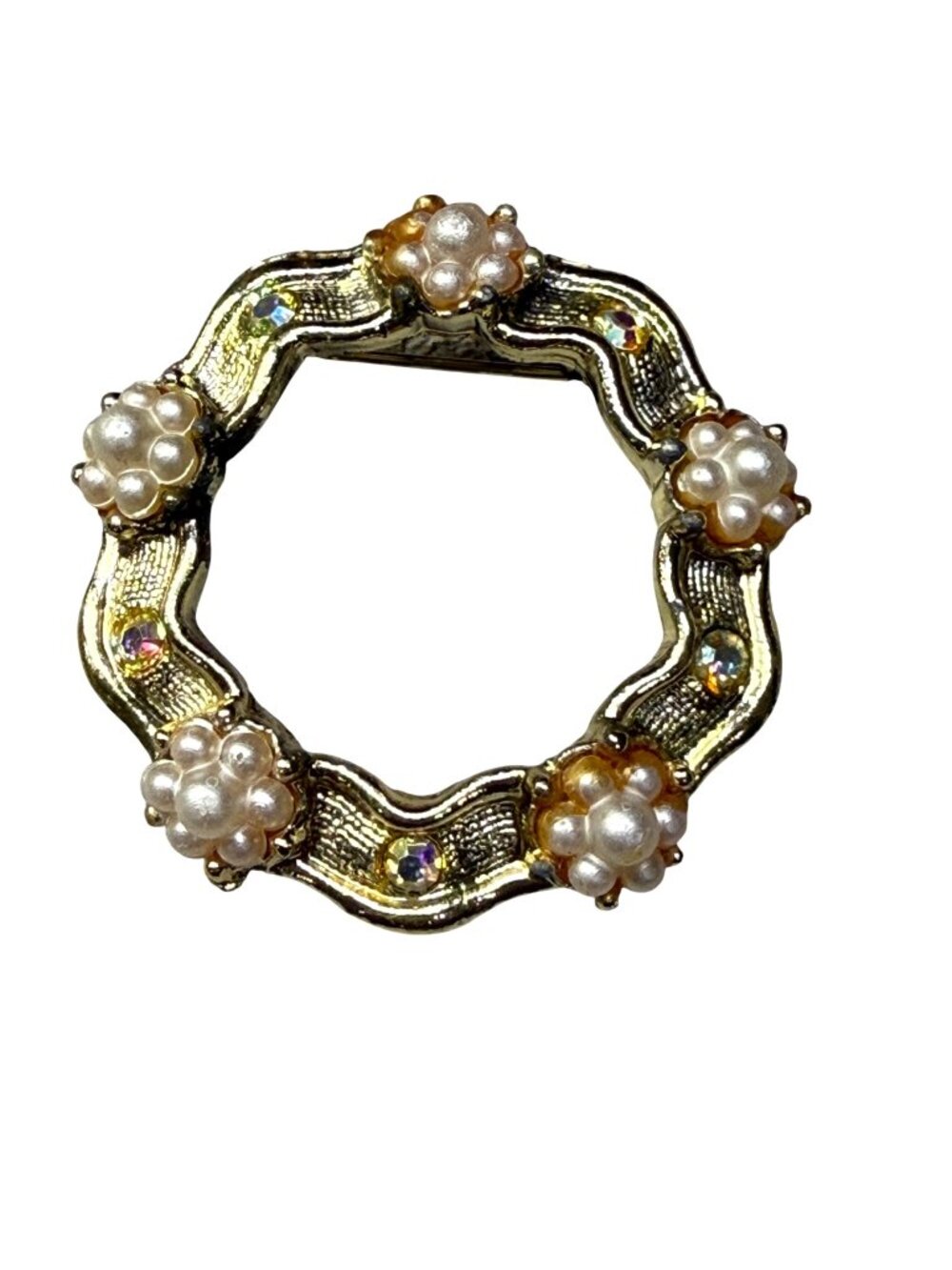 Vintage Gold-Tone Wreath Brooch With Faux Pearls & Rhinestones 1.5 Inches
